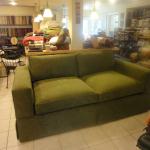 Reupholstered and remodeled sofa with tall skirt, build to custo